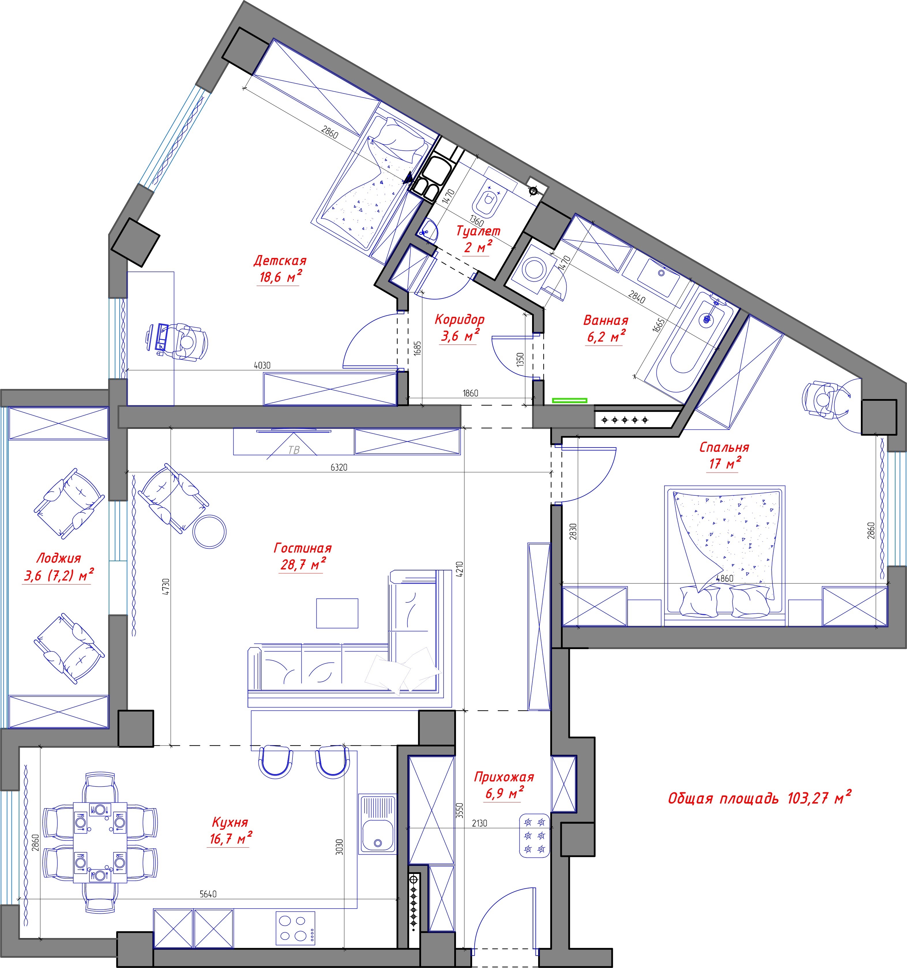 ТРЕХКОМНАТНАЯ КВАРТИРА, 105 М2